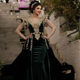 Hunter Green Moroccan Caftan Velvet Evening Dress Appliqued Lace Outfit Prom Gowns Dubai Arabic Women Party Dresses